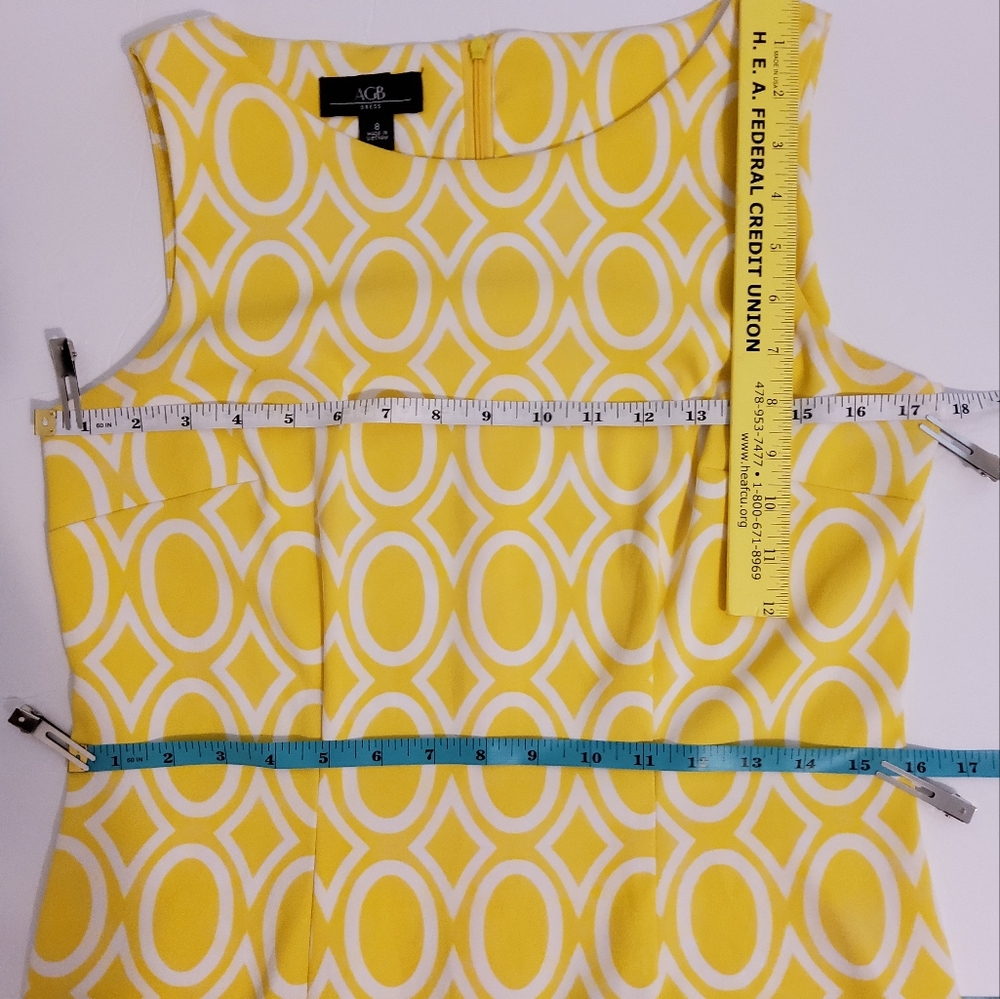 AGB DRESS SZ 8 SHEATH DRESS STRETCH YELLOW GEO PRINT SLEEVELESS BOAT NECK - Picture 5 of 9
